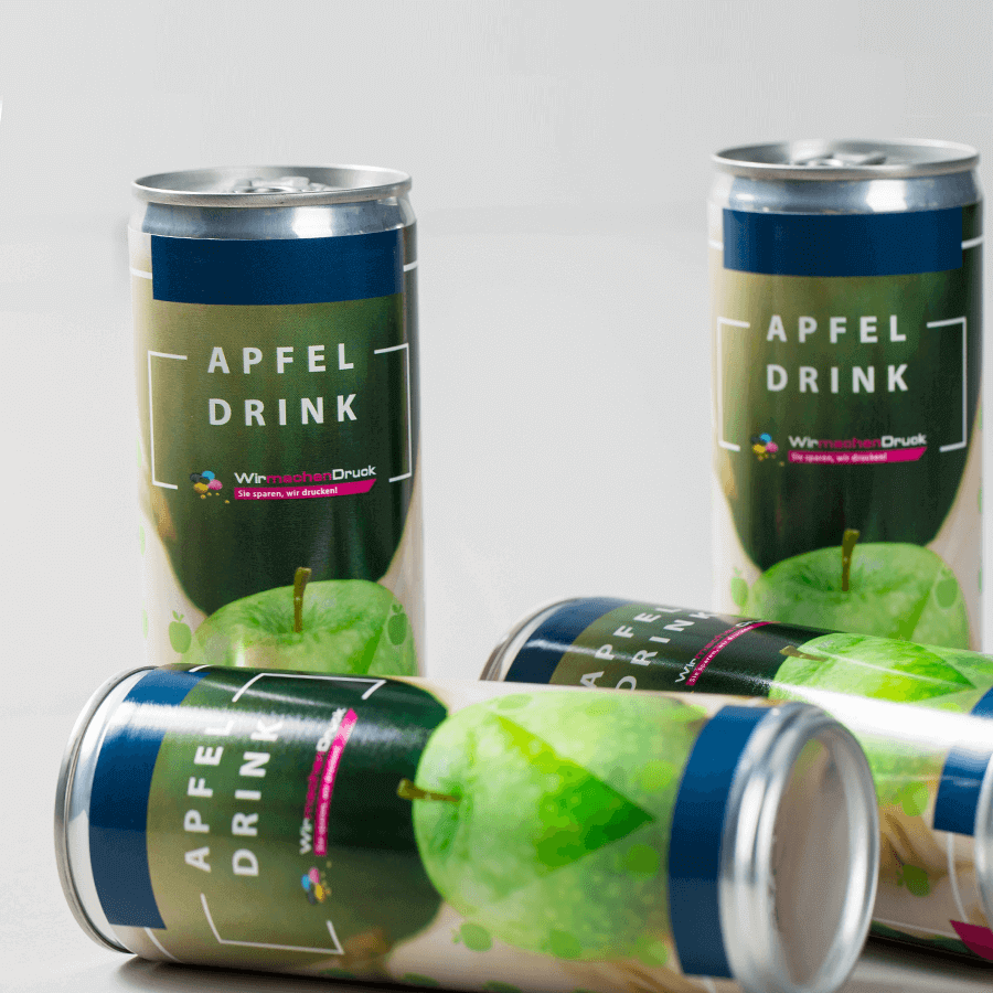 Individuell und vollfarbig bedruckbare Getränkedose, befüllt mit einem Apfel Drink
