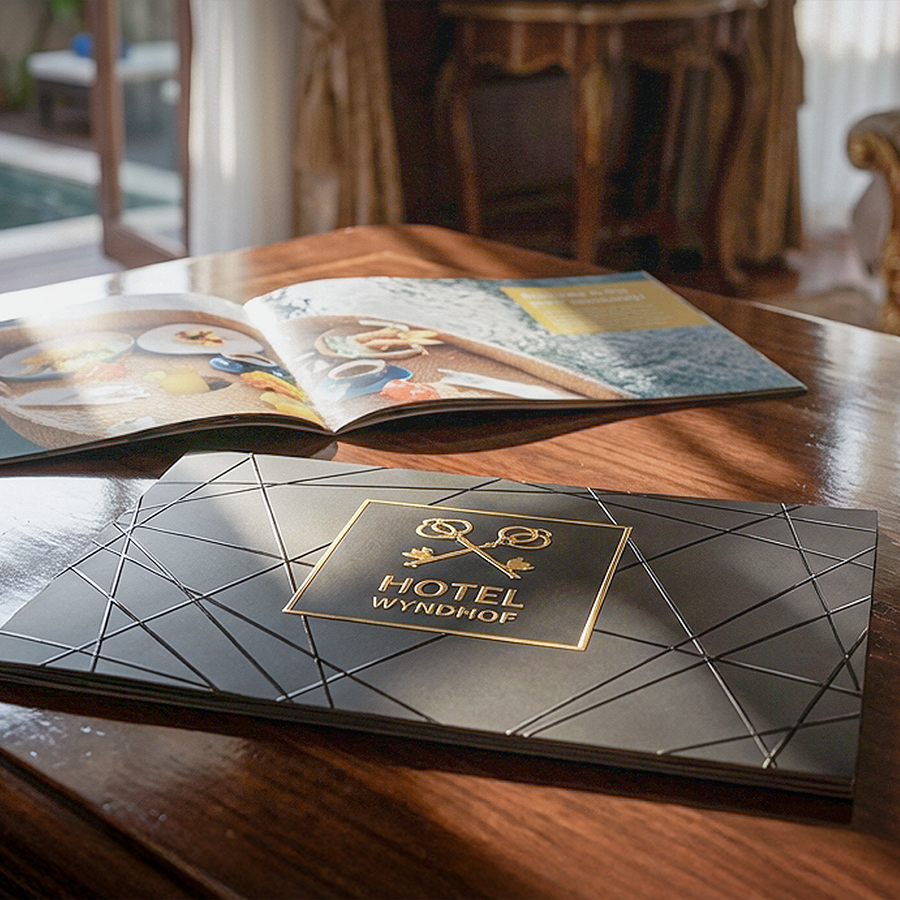 Schwarze, mit goldenem Relieflack veredelte Broschüre mit Drahtheftung im Querformat