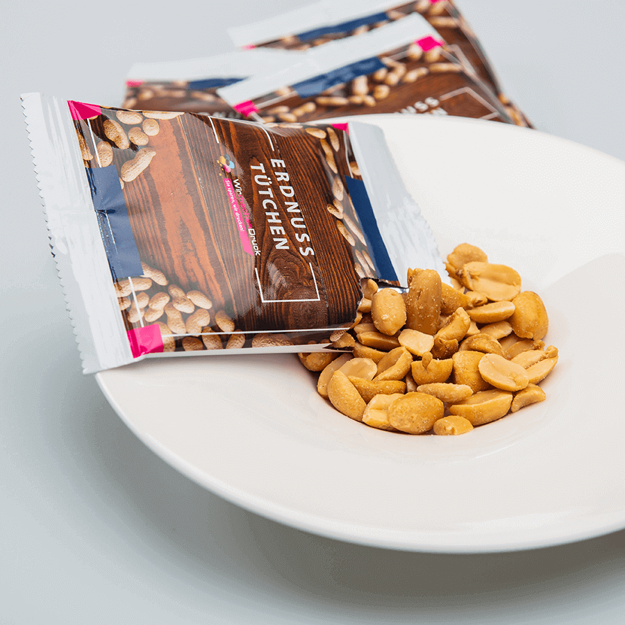 Leckere Erdnüsse im Erdnuss-Tütchen, Vorderseite mit Wunschdesign vollfarbig bedruckt