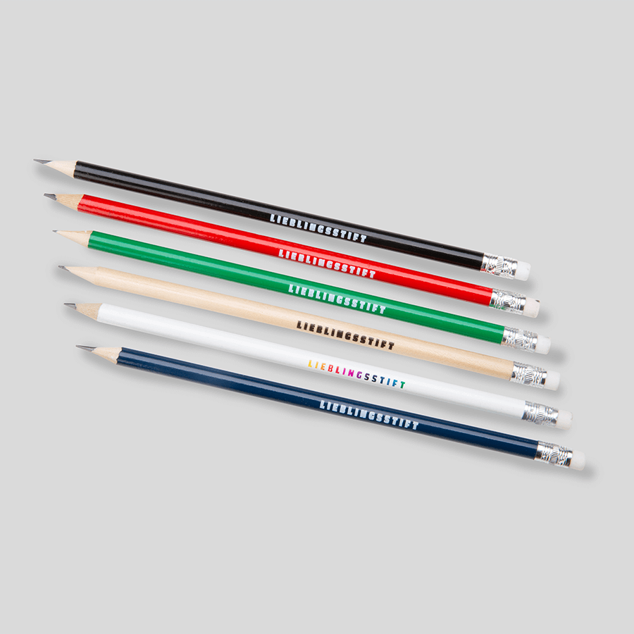 Klassische Bleistifte in vielen Farben, bedruckt und mit Radiergummi