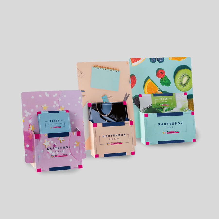 Kartenboxen für Flyer in verschiedenen Ausführungen, individuell bedruckbar 