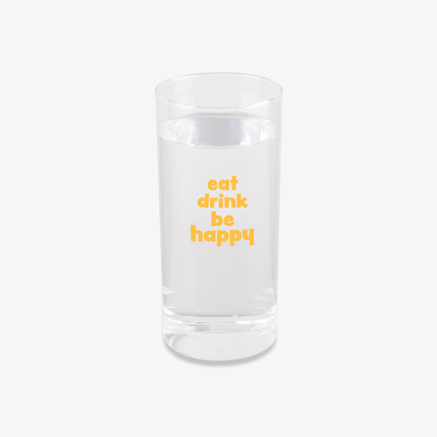 Mit 270 ml Wasser befülltes, kleines Trinkglas mit individuellem Siebdruck