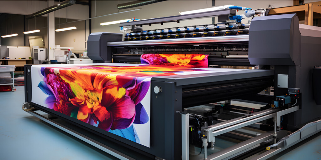 Eine großflächige Drucksache mit floralem Design wird im Druckverfahren LFP erstellt.