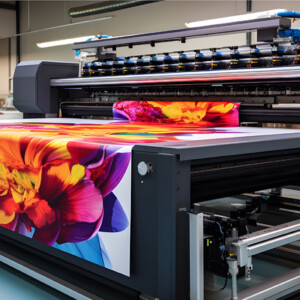 Eine großflächige Drucksache mit floralem Design wird im Druckverfahren LFP erstellt.