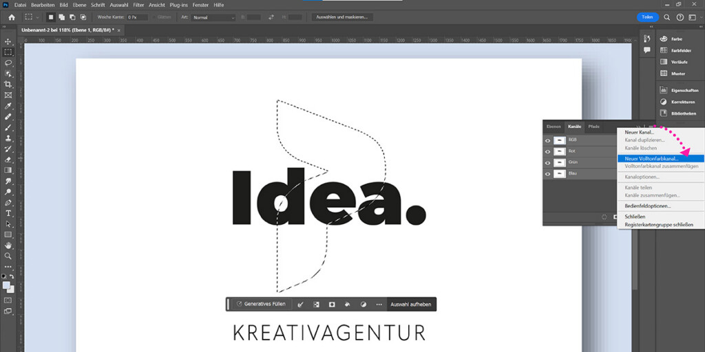 Screenshot aus Grafikprogramm: Anlegen eines Volltonfarbkanals für HKS oder Pantone