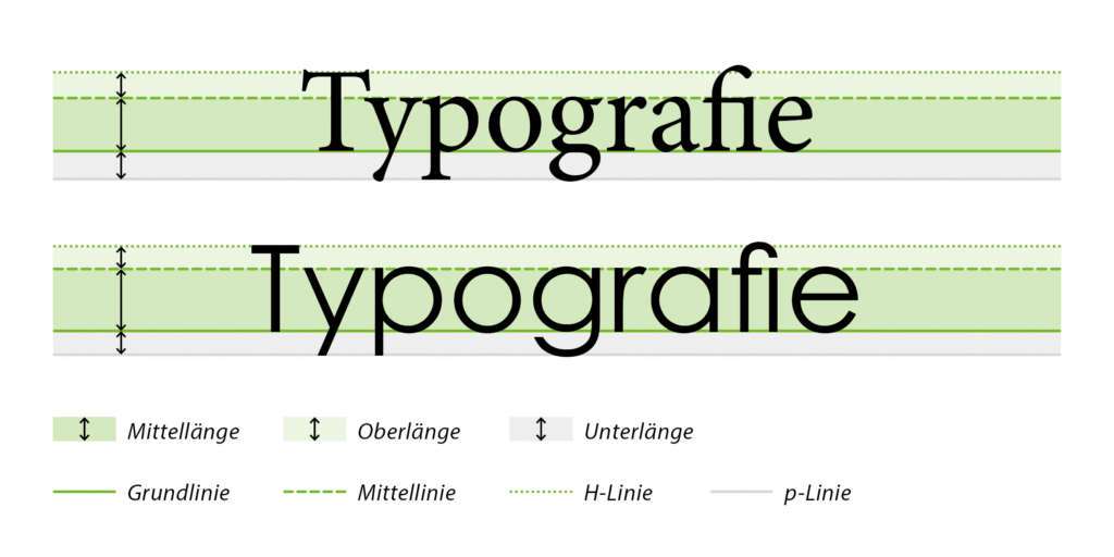 Zwei Schriftarten mit anderen Proportionen: Wort „Typografie“ auf Grund-, Mittel-, H- und p-Linie