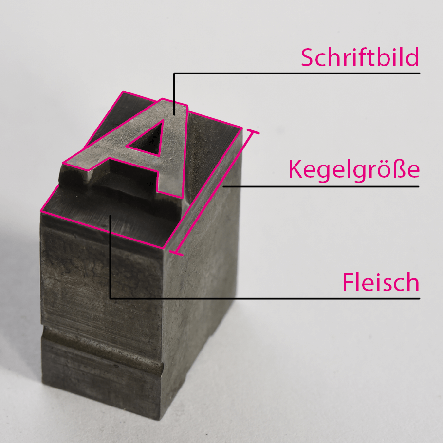 Basis für digitale Schriftgröße: Schriftkegel mit Schriftbild, Fleisch, Kegelgröße
