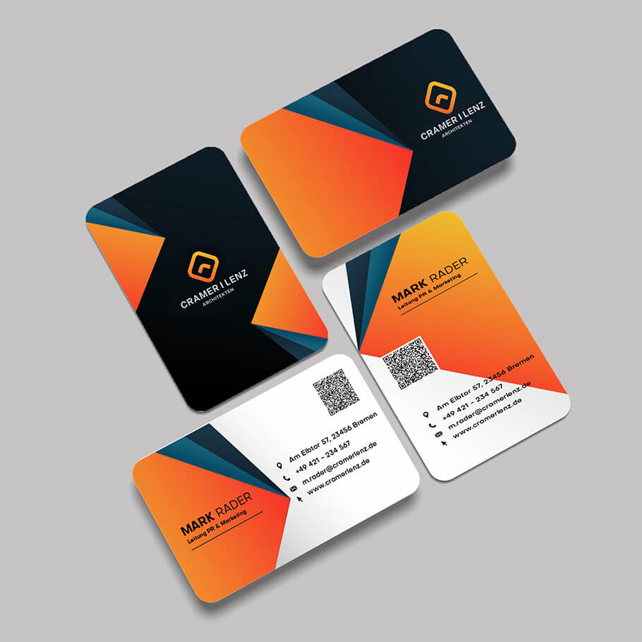 Business Cards in klassischer Visitenkartengröße, in Hoch- und Querformat mit abgerundeten Ecken