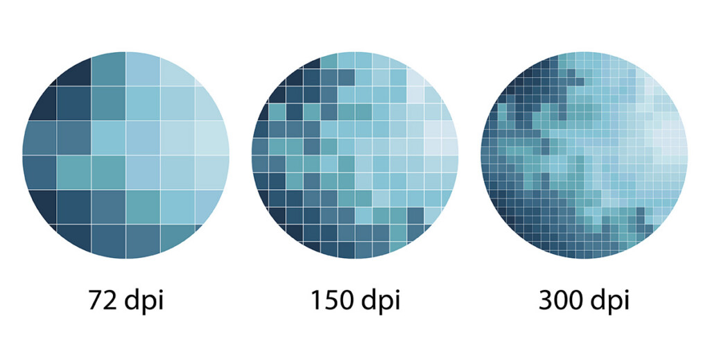 Druckdaten erstellen mit hoher Auflösung: Drei Kreise mit unterschiedlicher dpi-Zahl zeigen die Druckqualität.