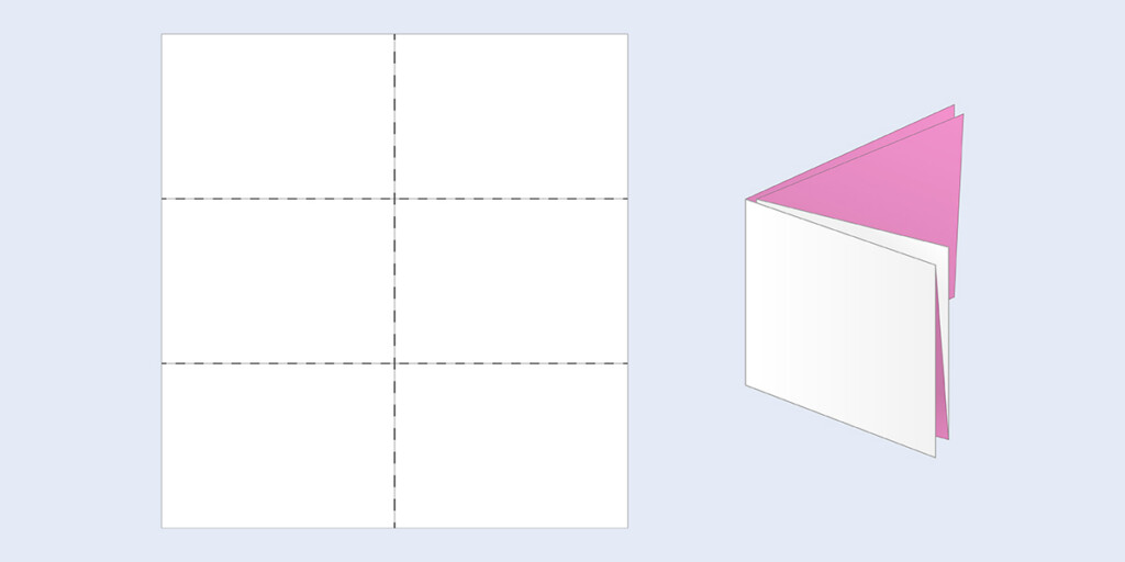 Zwei Illustrationen der Falzart 2-Bruch-Zickzack-Kreuzfalz: als Papierbogen und gefaltet