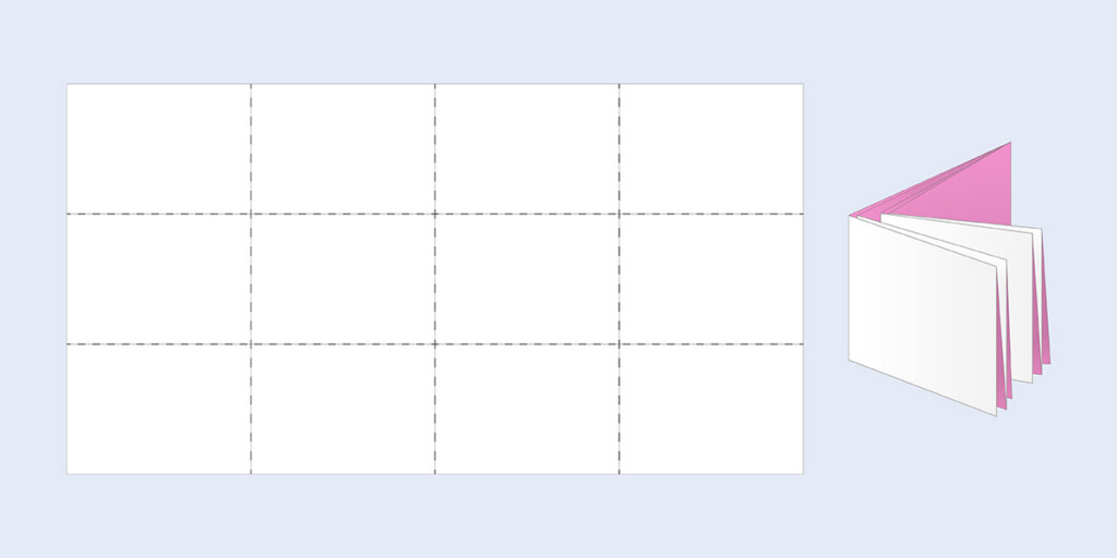 Zwei Illustrationen der Falzart 3-Bruch-Zickzack-2-Bruch-Parallelmittenfalz: als Papierbogen und gefaltet