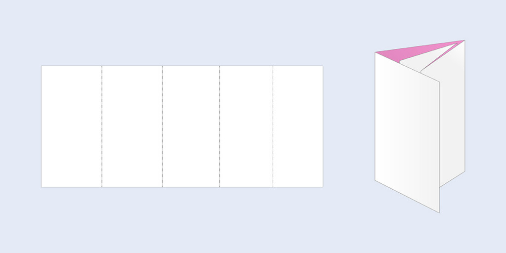 Zwei Illustrationen der Falzart 4-Bruch-Parallelwickelfalz: als Papierbogen mit vier Brüchen und gefaltet