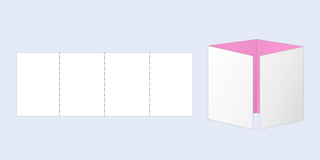 Zwei Illustrationen der Falzart Altarfalz: als Papierbogen mit drei Brüchen und gefaltet