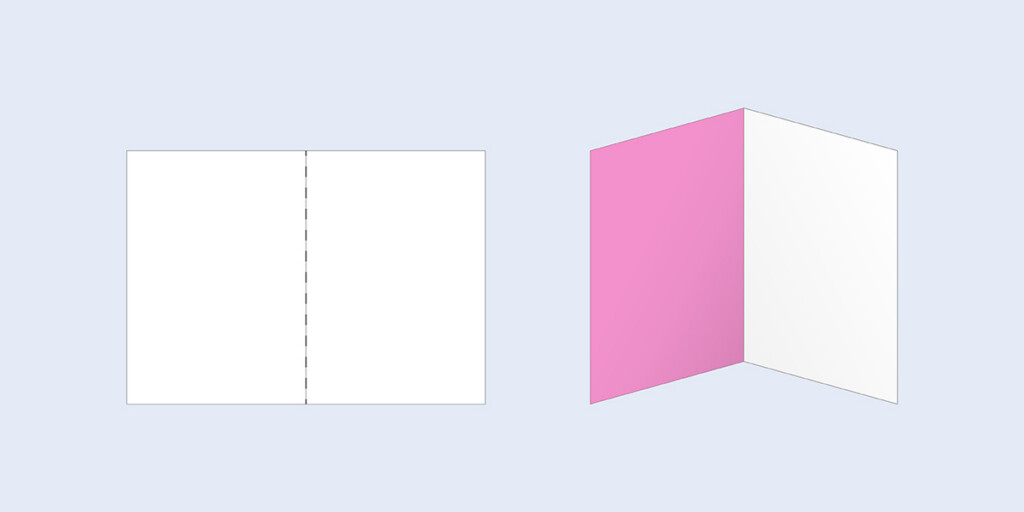 Zwei Illustrationen der Falzart Einbruchfalz: als Papierbogen mit einem Bruch und gefaltet
