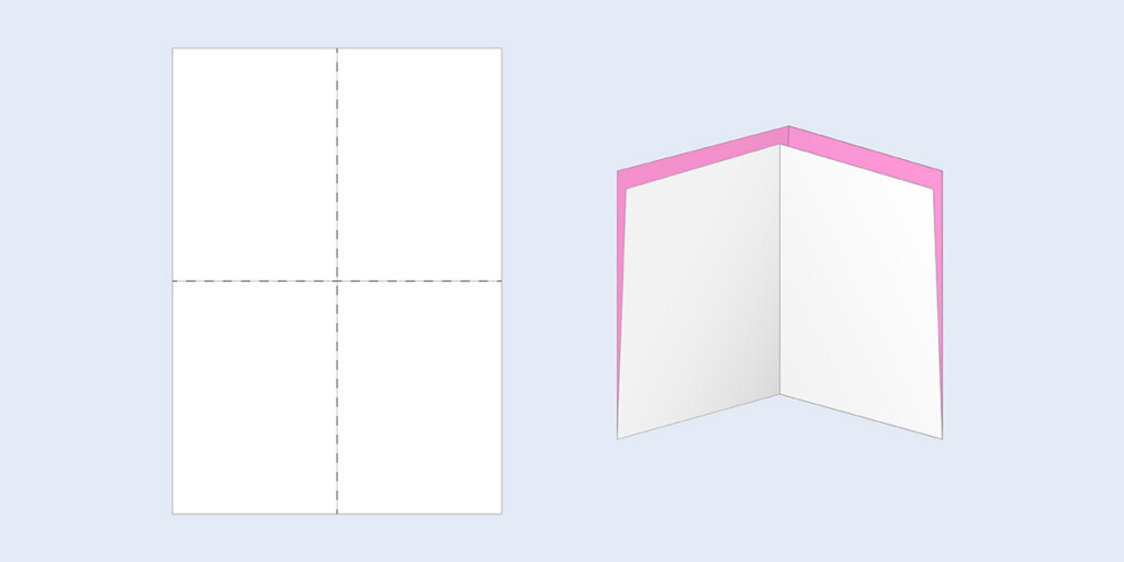 Zwei Grafiken der Falzart Kreuzbruchfalz: als Papierbogen mit zwei gekreuzten Brüchen und gefaltet