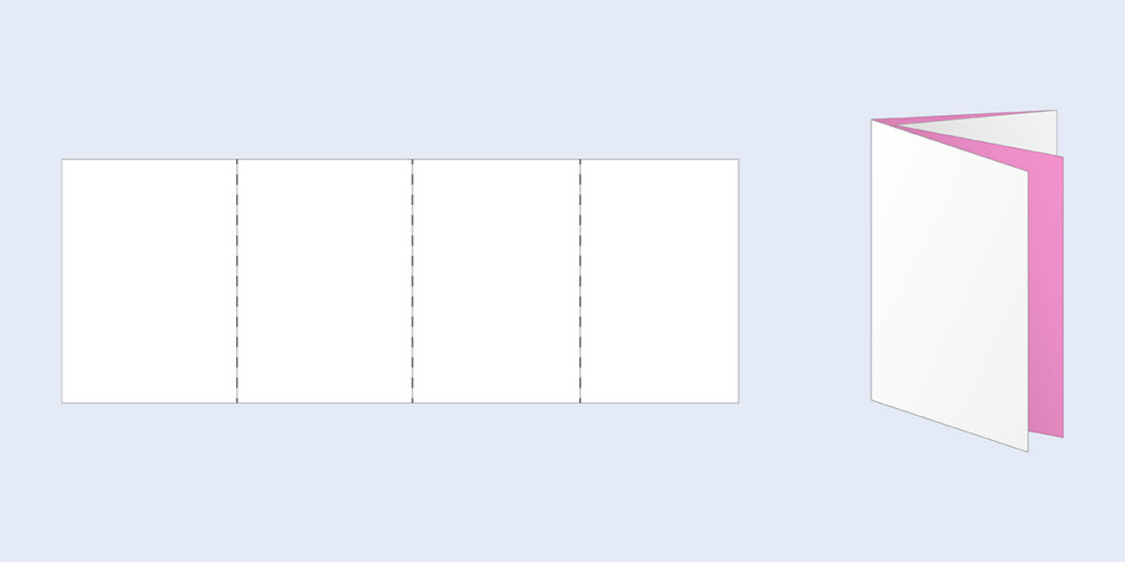 Zwei Illustrationen der Falzart Parallelfalz: als Papierbogen mit drei Brüchen und gefaltet