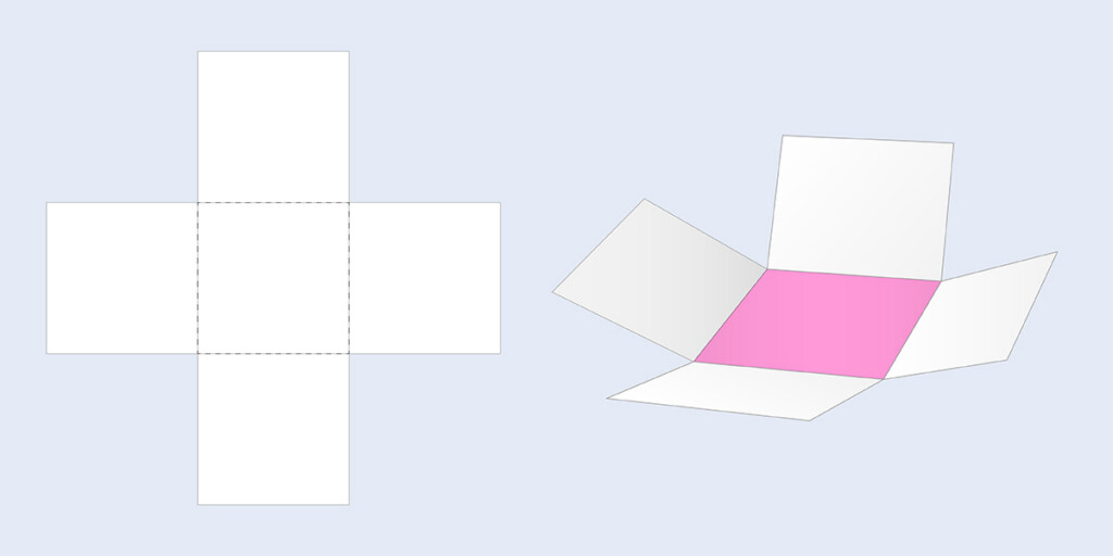 Zwei Illustrationen der Falzart Quadratfalz: als Papierbogen mit vier Brüchen und gefaltet