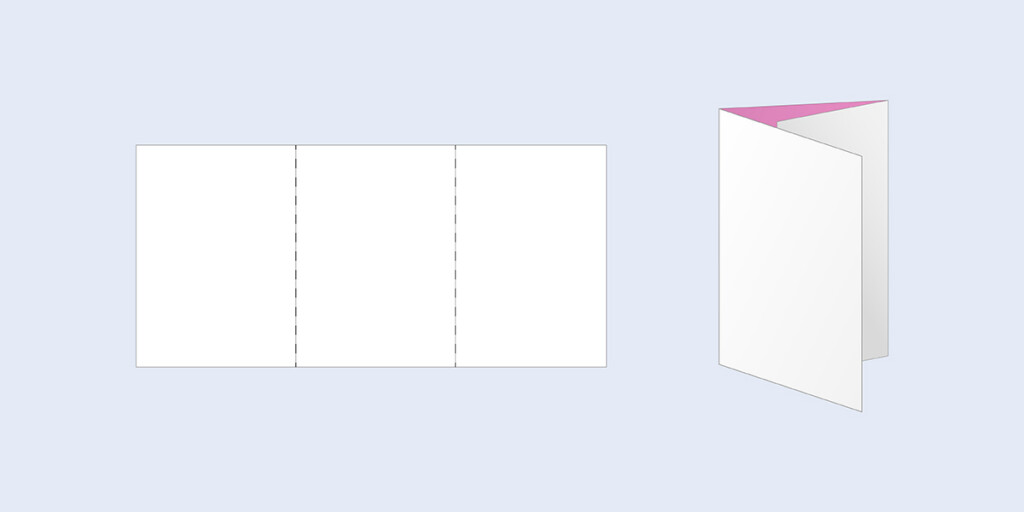Zwei Illustrationen der Falzart Wickelfalz: als Papierbogen mit zwei Brüchen und gefaltet