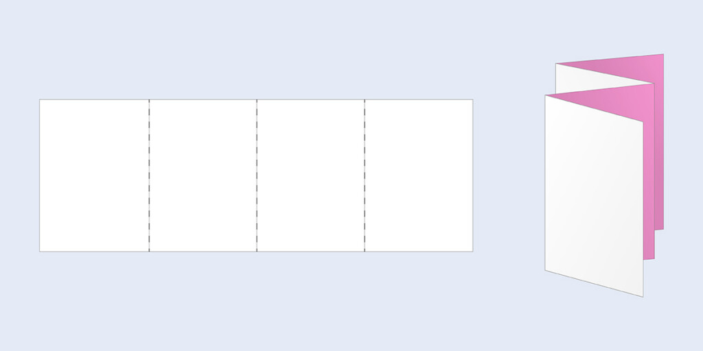Zwei Illustrationen der Falzart Zickzackfalz: als Papierbogen mit drei Brüchen und gefaltet