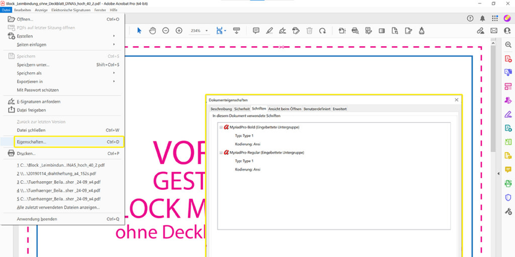 Screenshot von Beispiel-PDF: Schriftart erkennen im Menüpunkt „Eigenschaften“ und darin „Schriften“