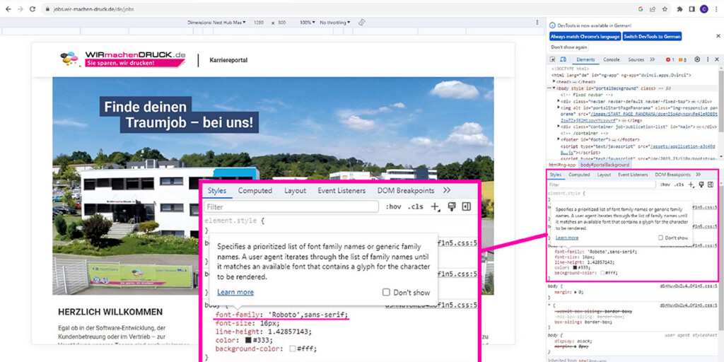 Screenshot mit Anleitung, um im Browser mittels Quellcode die Schriftart zu erkennen.