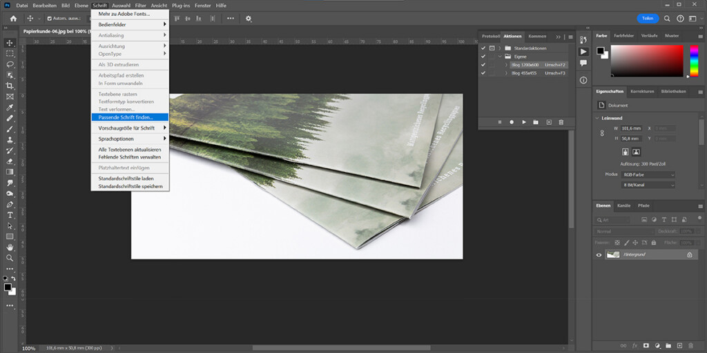 Schriftart erkennen in Adobe Photoshop: Screenshot „Passende Schrift finden“ im Menüpunkt „Schrift“