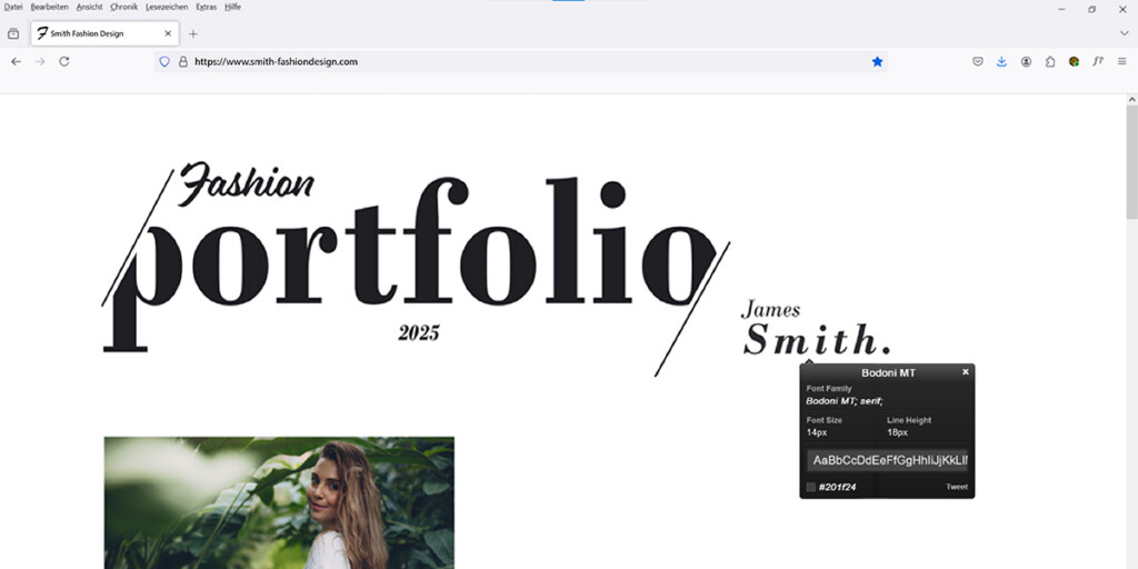 Fashion-Website mit Browser-Plugin, um Schriftart zu erkennen, hier „Bodoni MT“.