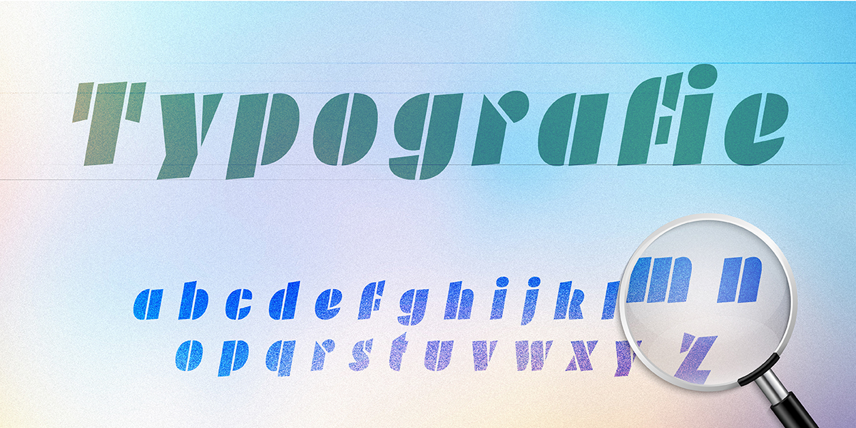 Schriftart erkennen: Lupe auf Alphabet aus Kleinbuchstaben, darüber das Wort Typografie