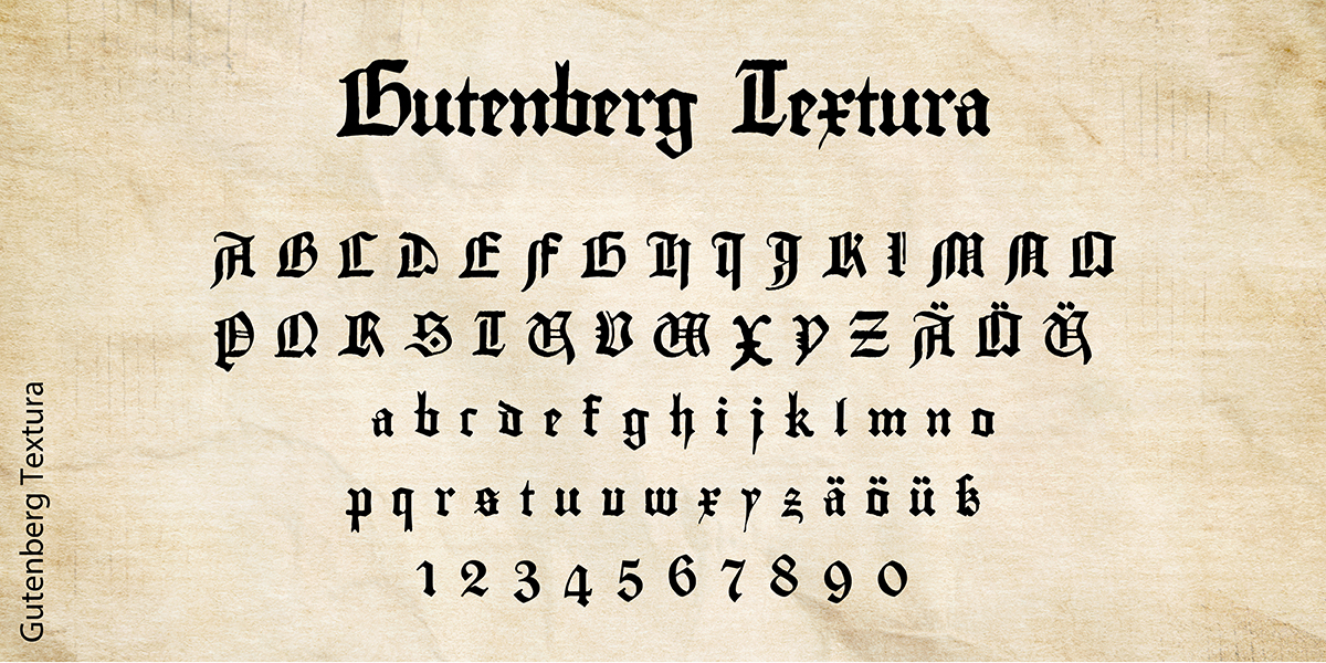 Beispiel für altdeutsche Schrift: das Alphabet & Ziffern in der Schriftart Gutenberg Textura