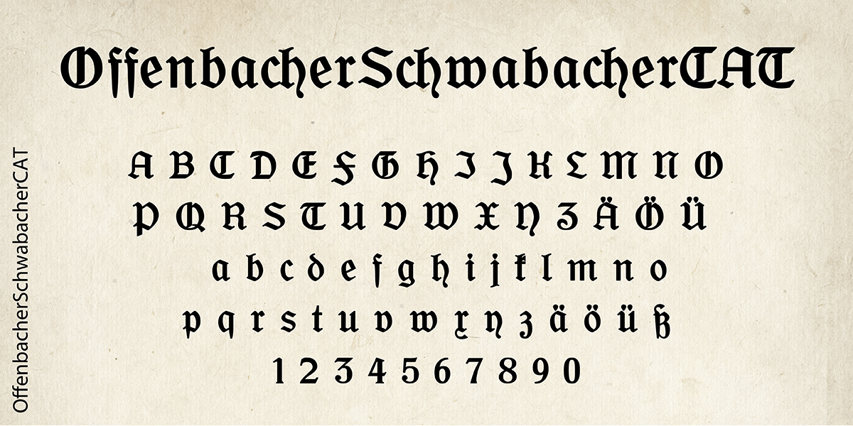 Beispiel für altdeutsche Schrift: das Alphabet & Ziffern in der Schriftart OffenbacherSchwabacherCAT