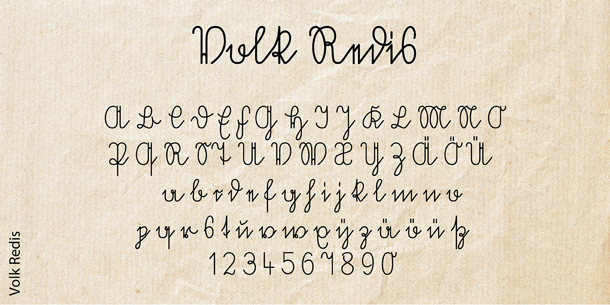 Beispiel für altdeutsche Schrift: das Alphabet & Ziffern in der Schriftart Volk Redis