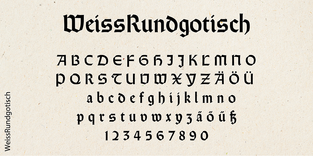 Beispiel für altdeutsche Schrift: das Alphabet & Ziffern in der Schriftart Weissrundgotisch