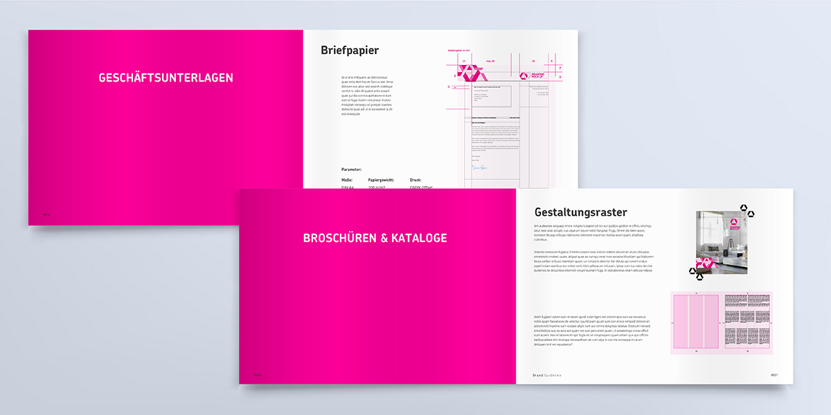 Grafisches Beispiel eines Design Manuals in Pink, Weiß & Schwarz zur Einhaltung des Corporate Designs