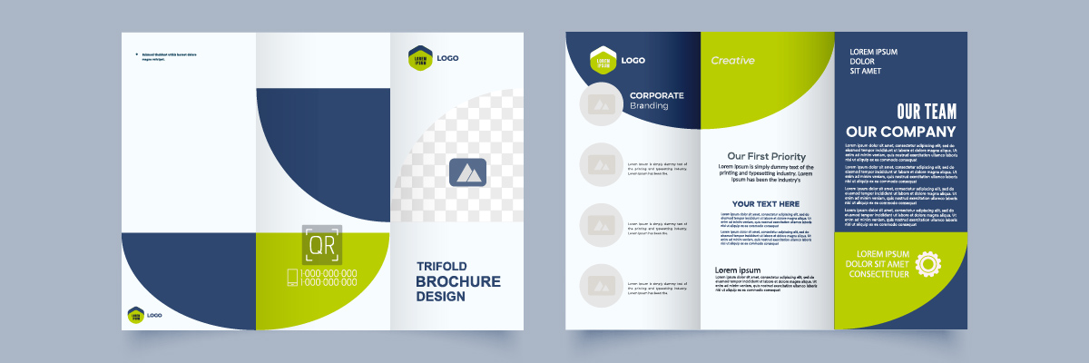 Gedruckter Flyer in Weiß, Dunkelblau & Grün als Beispiel für Green Printing bzw. Mass Customization