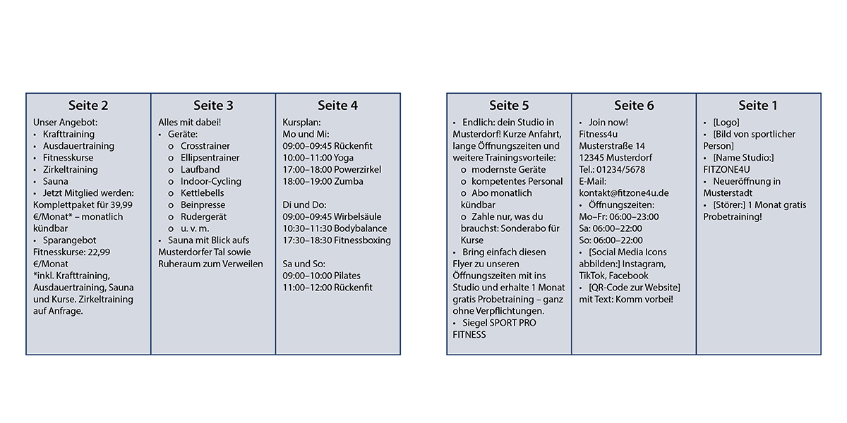 Graue Grafik, die ein Beispiel eines Fitnessstudio-Flyer-Aufbaus zeigt, inklusive einzelner Seiten