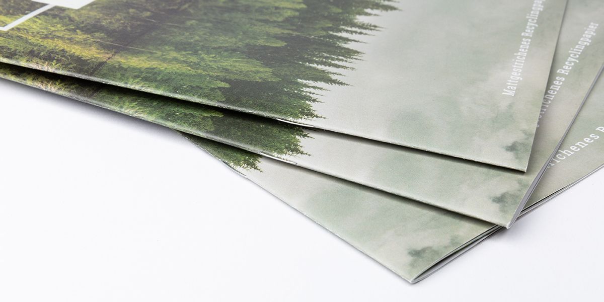 Beispiel für Papiersorten: drei Broschüren mit Wald-Motiv aus mattgestrichenem Recyclingpapier