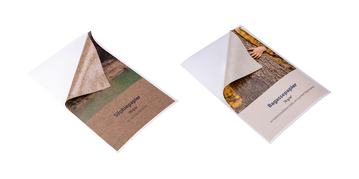 Papiersorten im Vergleich: zwei Etiketten aus Silphiepapier und aus Bagassepapier