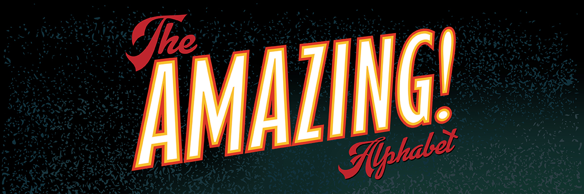 "The AMAZING! Alphabet" in serifenloser Schrift, im Stil eines Plakats der Industrialisierung