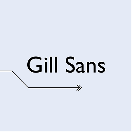 Die Schriftart Gill Sans als Beispiel für eine serifenlose Schrift mit Deko-Pfeil auf Hellblau