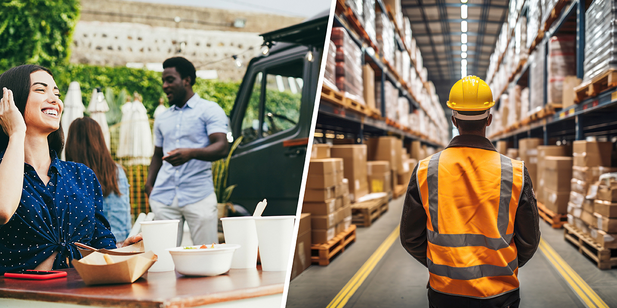 2 Verpackungsarten: Leute vor Restaurant mit Lebensmittelverpackungen, Lagermitarbeiter mit Kartons