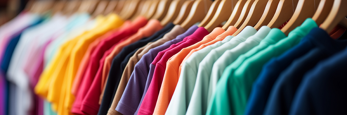 Viele T-Shirts in bunten Farben zum Bedrucken mit T-Shirt-Druckverfahren