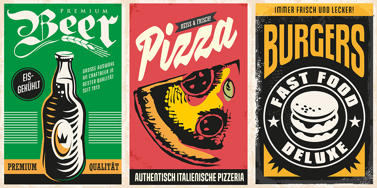 Drei Plakatdesigns mit Produktwerbung für Bier, Pizza und Burger, alle mit Vintage-Schrift