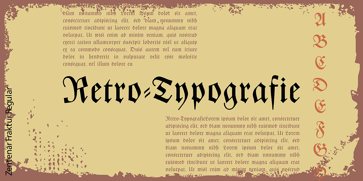Das Wort Retro-Typografie, gestaltet in der Vintage-Schrift Zentenar Fraktur
