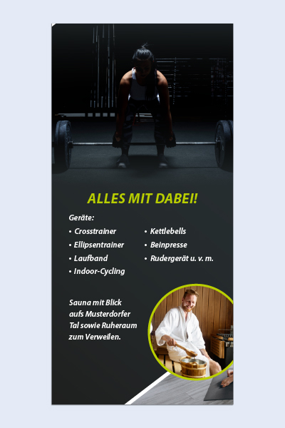 Beispiel für den Flyer-Aufbau eines Fitnessstudios: Innenseite mit Auflistung von Fitnessgeräten