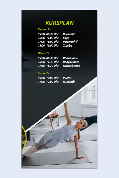 Beispiel für den Flyer-Aufbau eines Fitnessstudios: Innenseite mit Kursplan