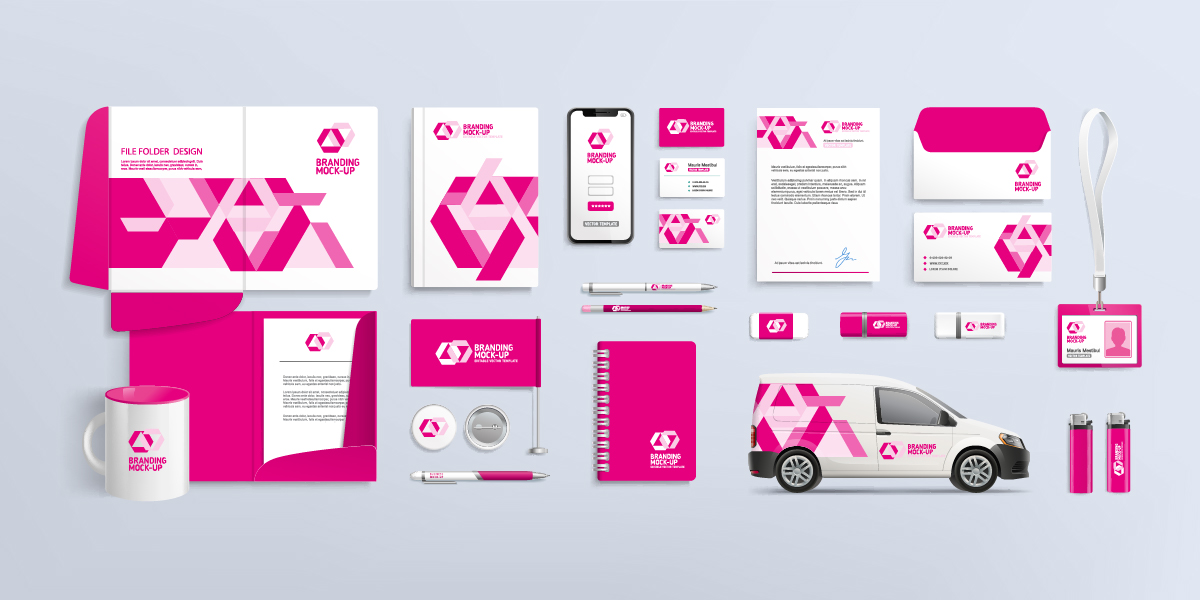 Beispiele für Corporate Design: weiße Gegenstände wie Auto & Briefpapier mit pinkfarbenem Branding