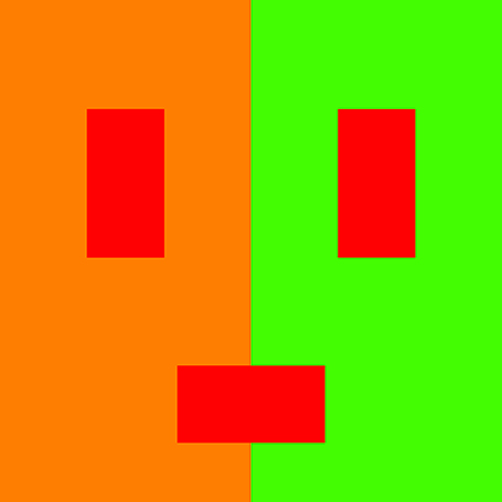 Farbkontrast Simultankontrast: halb orangefarbenes & halb grünes Quadrat mit roten Rechtecken darauf