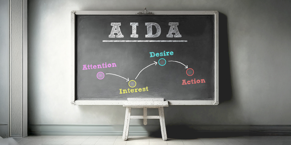 Tafel mit Aufschrift "AIDA" in Weiß + "Attention", "Interest", "Desire" & "Action" in bunten Farben