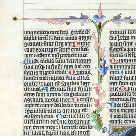 Ein Ausschnitt einer Buchseite mit alter Handschrift und blauen sowie roten Versalien an Satzanfängen