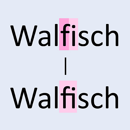 "Walfisch" oben ohne Ligatur (fi) und unten mit Ligatur, jeweils rosafarben markiert auf Hellblau